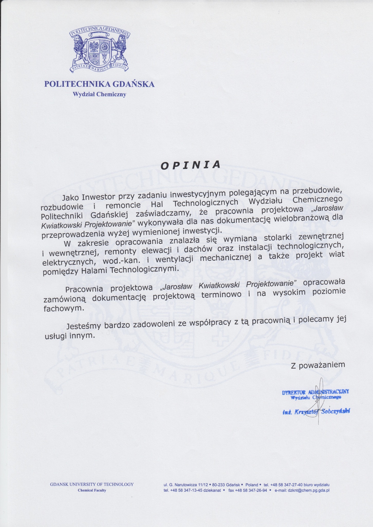 Referencje Wydziału Chemii PG