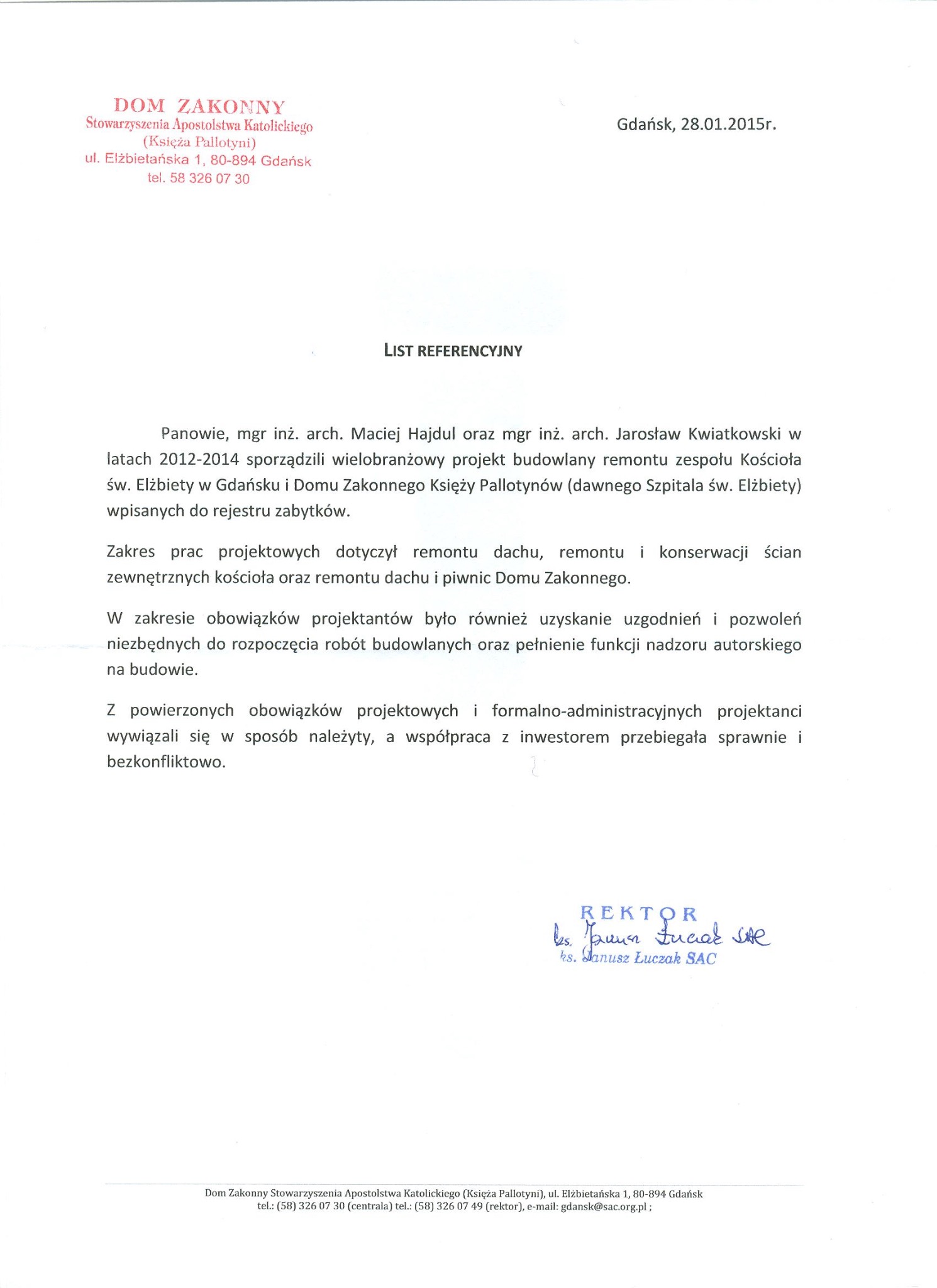 Referencje Domu Zakonnego Pallotynów w Gdańsku.