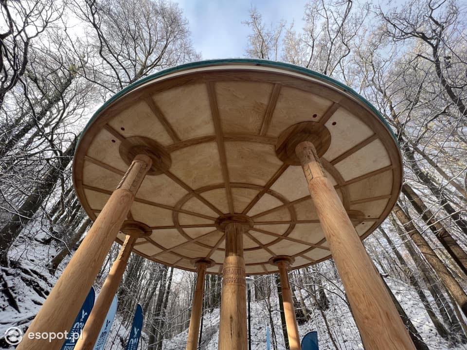 Rekonstrukcja altany w Sopocie, widok z dołu na drewnianą konstrukcję z kolumnami na tle zimowego lasu i błękitnego nieba. Detal architektoniczny.