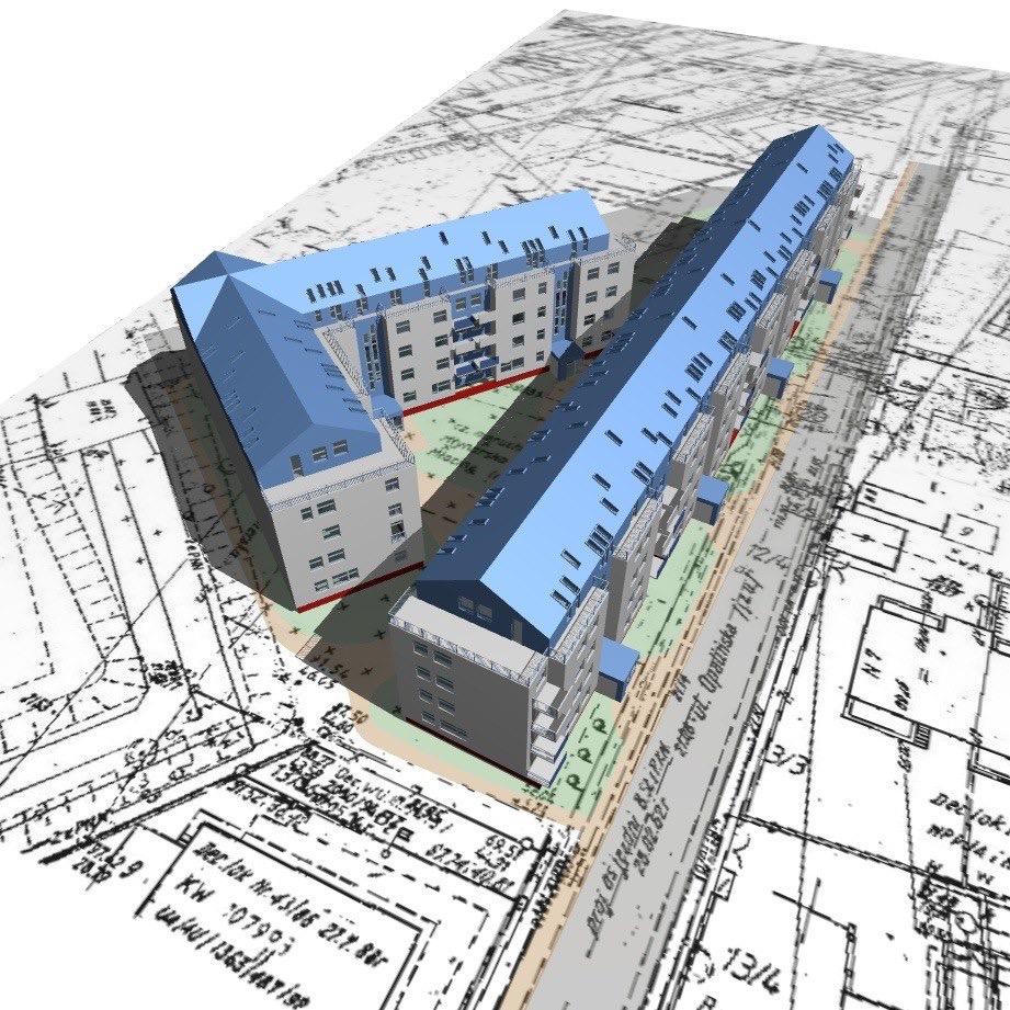 Projekt budynków wielorodzinnych w Warszawie.