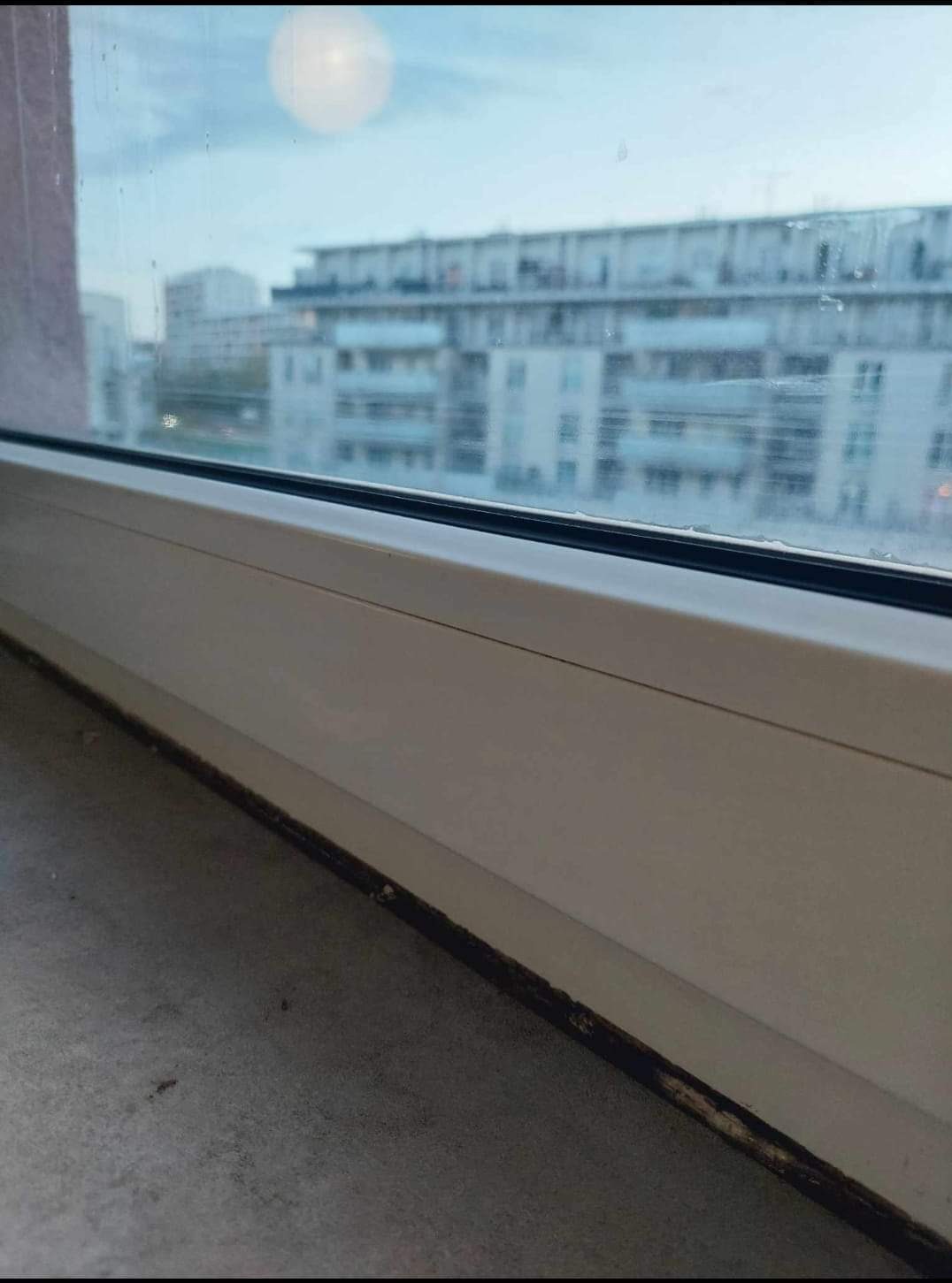 Zabrudzone okno z widokiem na budynki mieszkalne, widoczne ślady pleśni i kurzu w dolnej części ramy okiennej.