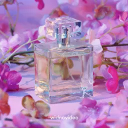 Kwadratowy flakon perfum otoczony różowymi kwiatami na rozmytym, fioletowym tle. Oświetlenie studyjne podkreśla geometryczny kształt szkła.