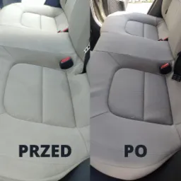 Tapicerka samochodowa w odcieniach beżu, widok przed i po czyszczeniu, z wyraźnym kontrastem zabrudzeń i odświeżonego wyglądu.