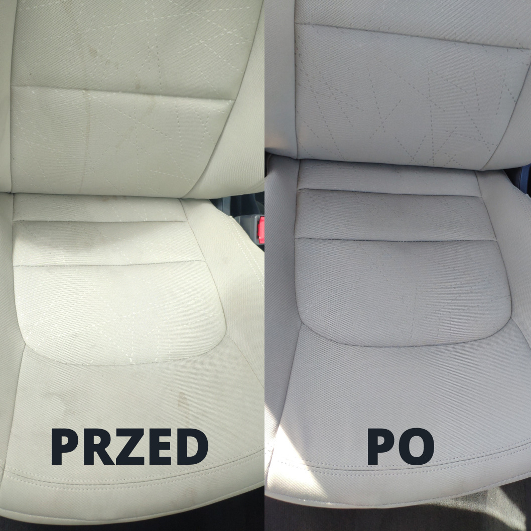 Tapicerka fotela samochodowego w kolorze jasnoszarym, porównanie stanu przed i po czyszczeniu. Po lewej stronie widoczne zabrudzenia, po prawej czysta powierzchnia.