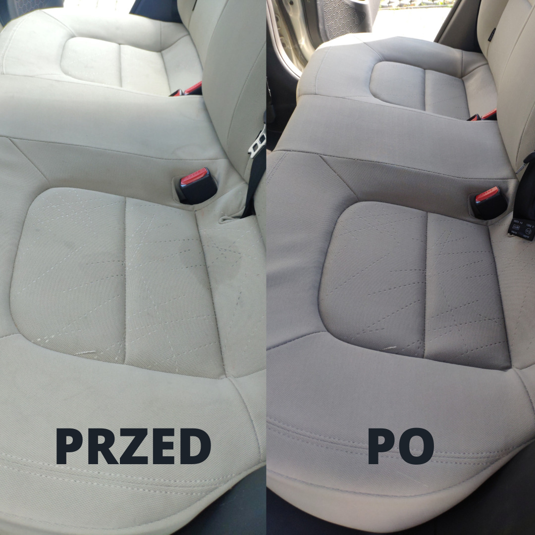 Tapicerka samochodowa w odcieniach beżu, widok przed i po czyszczeniu, z wyraźnym kontrastem zabrudzeń i odświeżonego wyglądu.