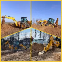 Kompozycja czterech ujęć żółtej koparko-ładowarki JCB podczas prac ziemnych na placu budowy, z widocznymi pryzmami ziemi i wykopami.