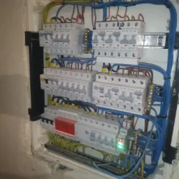 Otwarta skrzynka elektryczna z zamontowanymi bezpiecznikami i podłączonymi przewodami w kolorach niebieskim, brązowym i żółto-zielonym, widoczne listwy zaciskowe i dioda sygnalizacyjna świecąca...