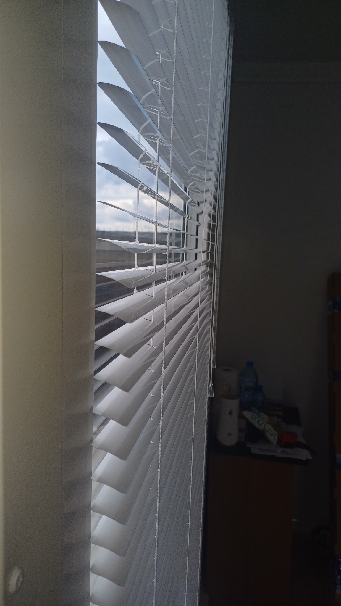 Białe żaluzje poziome, częściowo otwarte, w oknie. Widok z boku, z widocznym fragmentem pokoju i okna z widokiem na budynki w oddali.