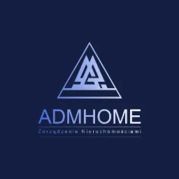 Logo firmy ADMHOME z trójkątnym symbolem i napisem Zarządzanie Nieruchomościami na ciemnoniebieskim tle.