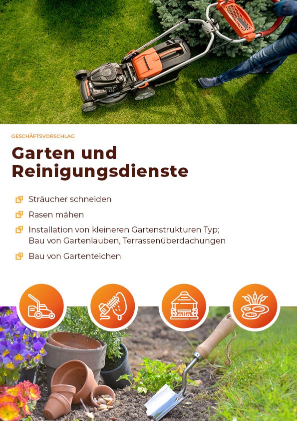 Osoba w dżinsach kosiarka spalinową z pomarańczowymi elementami na trawniku przed krzewem.