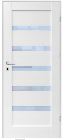 Białe skrzydło z czterema poziomymi, przezroczystymi wstawkami, widoczny zamek z klamką, zawiasy po prawej stronie.