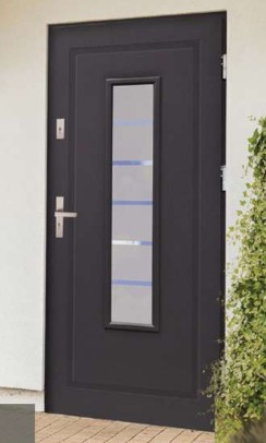 Ciemnoszare wejściowe skrzydło z przeszkleniem w postaci pionowego prostokąta z poziomymi, niebieskimi paskami, widoczne z zewnątrz na tle białej ściany i zieleni.