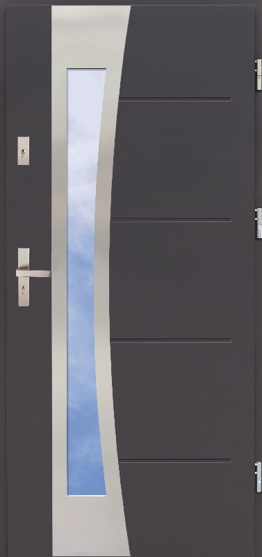 Grafitowe skrzydło z przeszkleniem w srebrnej ramie, widoczne niebo, poziome frezy, metalowa klamka i zamek.