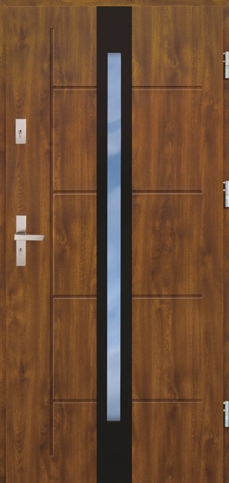 Brązowe, stalowe wejściowe z pionowym przeszkleniem i metalową klamką, widoczne z bliska.