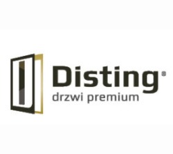 Logo firmy Disting, prezentujące stylizowaną ikonę skrzydła w odcieniach szarości i złota, z napisem 'Disting drzwi premium' w czerni na białym tle.