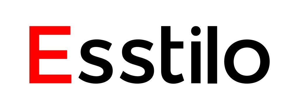 Logo firmy Esstilo z czerwonym 'E' i czarną resztą napisu na białym tle.