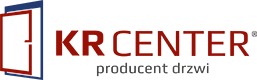 Logo firmy KR CENTER, producenta drzwi, z graficznym symbolem drzwi w niebieskiej i czerwonej ramie.
