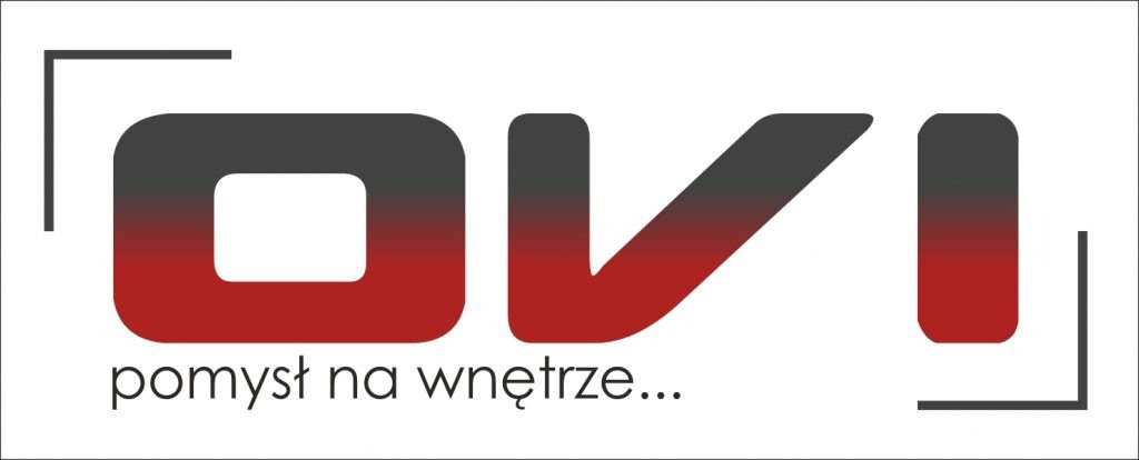 Logo firmy OVI z napisem 'pomysł na wnętrze...' w kolorach szaro-czerwonych na białym tle, z minimalistycznymi elementami graficznymi.