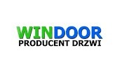 Logo firmy Windoor, producenta, z zielonym napisem 'WIN' i niebieskim 'DOOR' nad czarnym napisem 'PRODUCENT DRZWI' na białym tle.