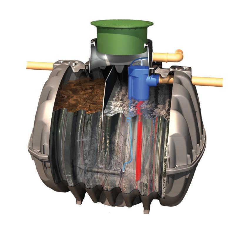 Przekrój szarego zbiornika z zieloną pokrywą, prezentujący proces filtracji z widocznymi warstwami cieczy i elementami instalacji.