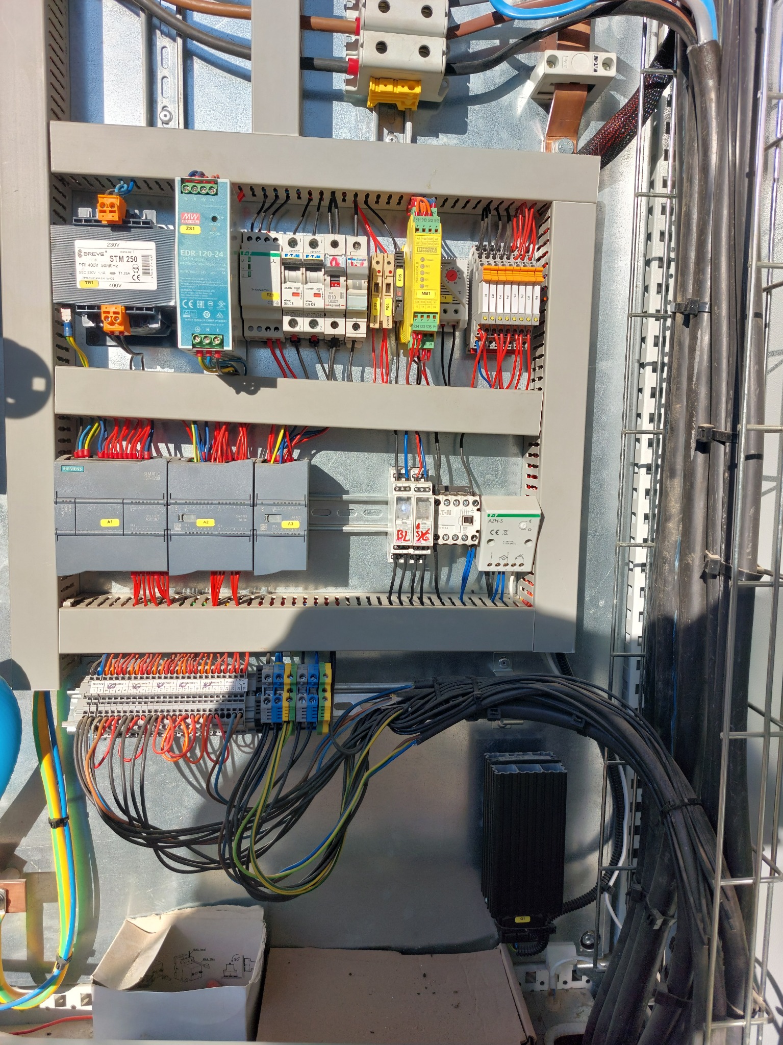 Szary panel elektryczny z licznymi przewodami, bezpiecznikami i modułami, widoczne transformatory, sterowniki PLC Siemens i listwy zaciskowe, kable w peszlach z boku. Częściowo widoczny karton...