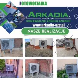 Kolaż zdjęć zewnętrznych jednostek klimatyzacyjnych, logo firmy ARKADIA OZE oraz grafiki paneli słonecznych.