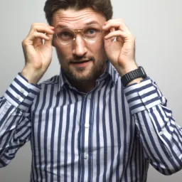Mężczyzna w okularach z okrągłymi oprawkami, w koszuli w biało-granatowe paski, poprawia okulary, patrząc wprost w obiektyw.