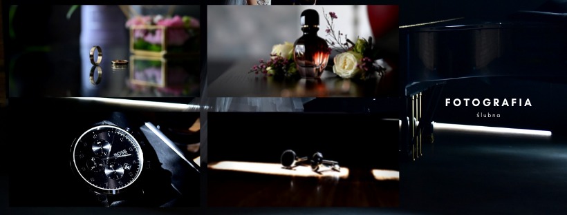 Kompozycja detali ślubnych: obrączki odbijające się w szklanej powierzchni, elegancki zegarek Hugo Boss, flakon perfum z kwiatami, spinki do mankietów w promieniach światła, fragment fortepianu...