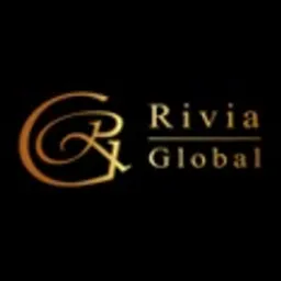 Złote logo firmy Rivia Global na czarnym tle, przedstawiające stylizowaną literę R splecioną z literą G.