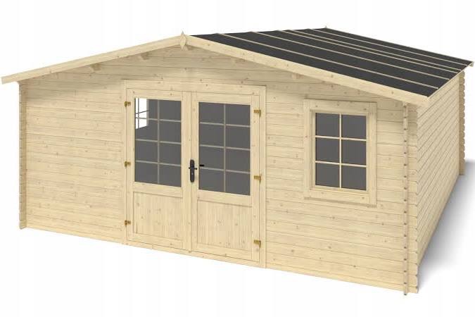 Wizualizacja małego, parterowego domku z jasnego drewna z dwuskrzydłowymi drzwiami z szybami i jednym oknem, z czarnym pokryciem dachu.