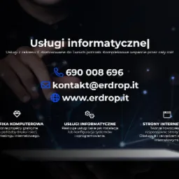 Grafika reklamowa usług IT z numerem telefonu, adresem email i adresem strony internetowej na tle dłoni trzymającej tablet, promująca tworzenie grafiki komputerowej, usługi informatyczne...