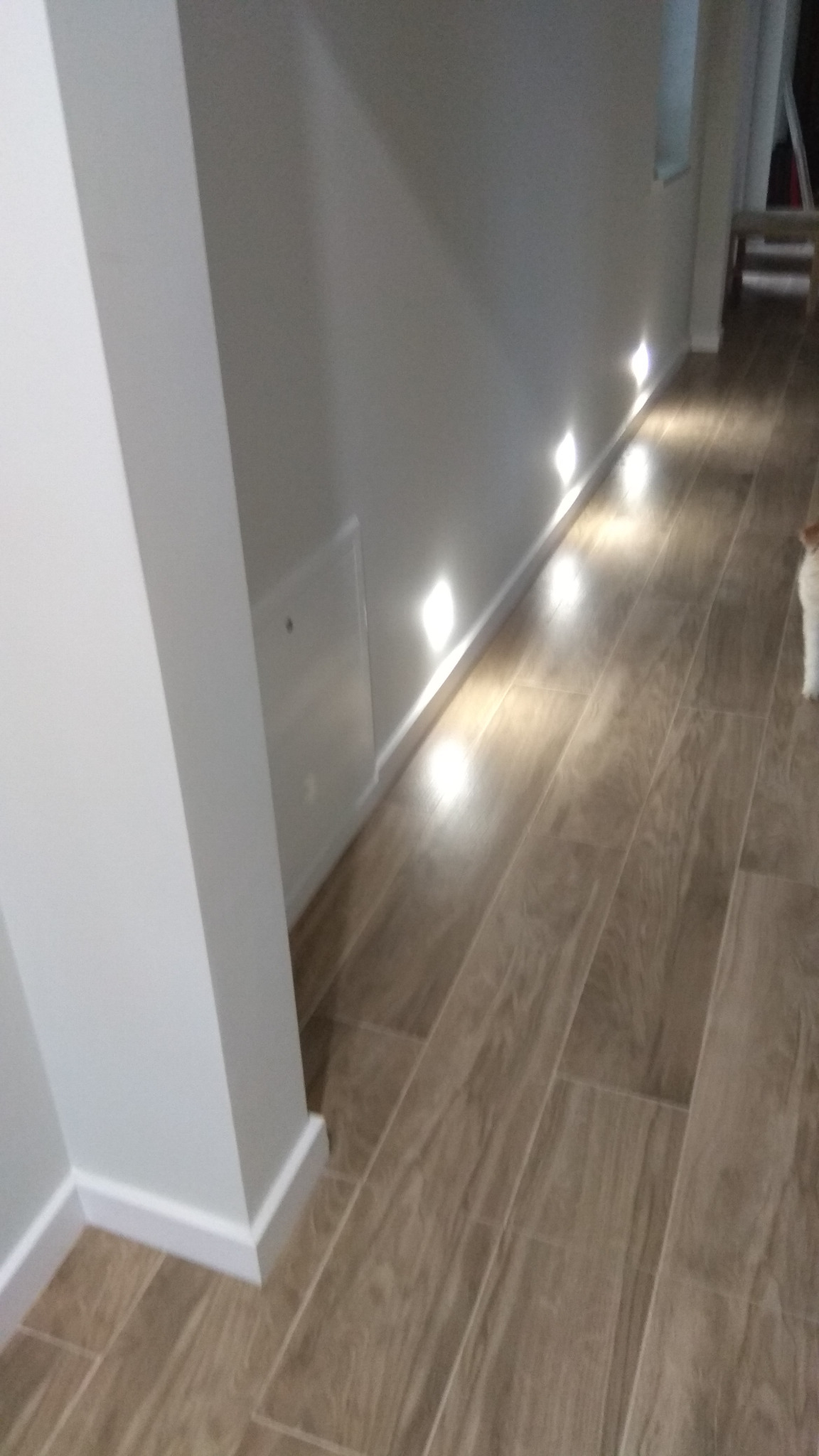 Korytarz z podłogą imitującą drewno i zamontowanymi w ścianie lampkami punktowymi, oświetlającymi podłogę.