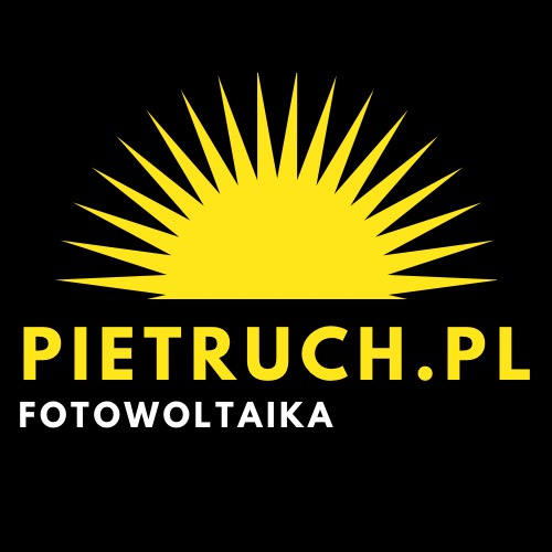 Logo firmy PIETRUCH.PL z motywem słońca i napisem 'FOTOWOLTAIKA' na czarnym tle.