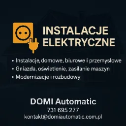 Grafika z gniazdkiem i wtyczką, napisem 'Instalacje Elektryczne', listą usług i danymi kontaktowymi 'DOMI Automatic' na ciemnym tle z konturem domu.