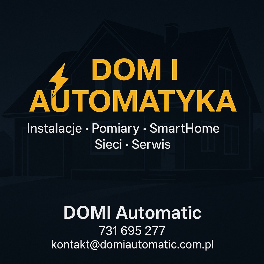 Grafika z logo firmy Domi Automatic. Oferuje instalacje, pomiary, SmartHome, sieci i serwis. W tle zarys domu. Żółty napis na ciemnym tle.