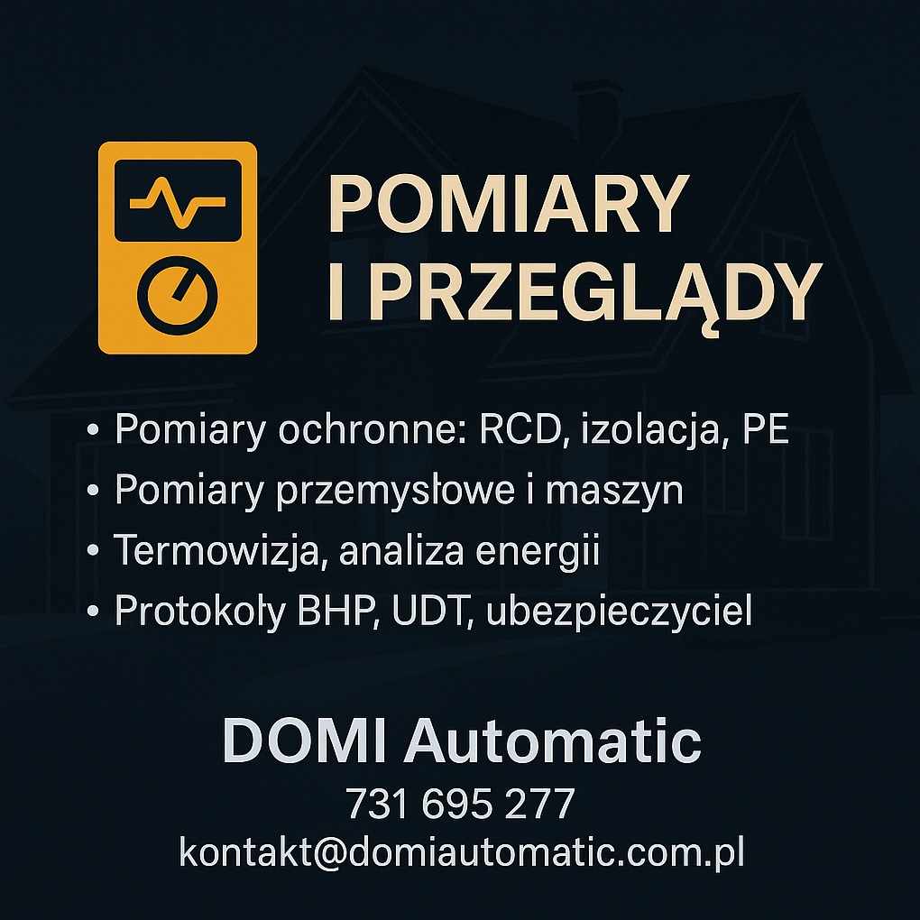 Grafika z żółtym symbolem multimetru, napisem 'Pomiary i Przeglądy', listą usług (RCD, termowizja) i danymi kontaktowymi firmy Domi Automatic na ciemnym tle.