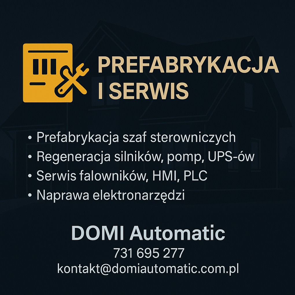 Grafika firmy Domi Automatic: Prefabrykacja i serwis szaf sterowniczych, regeneracja silników i naprawa elektronarzędzi. Żółte logo na ciemnym tle.