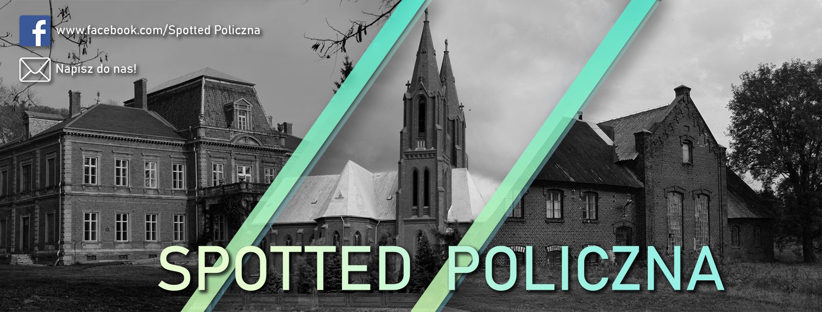 Czarno-biały baner reklamowy Spotted Policzna przedstawiający pałac, kościół i budynek gospodarczy.