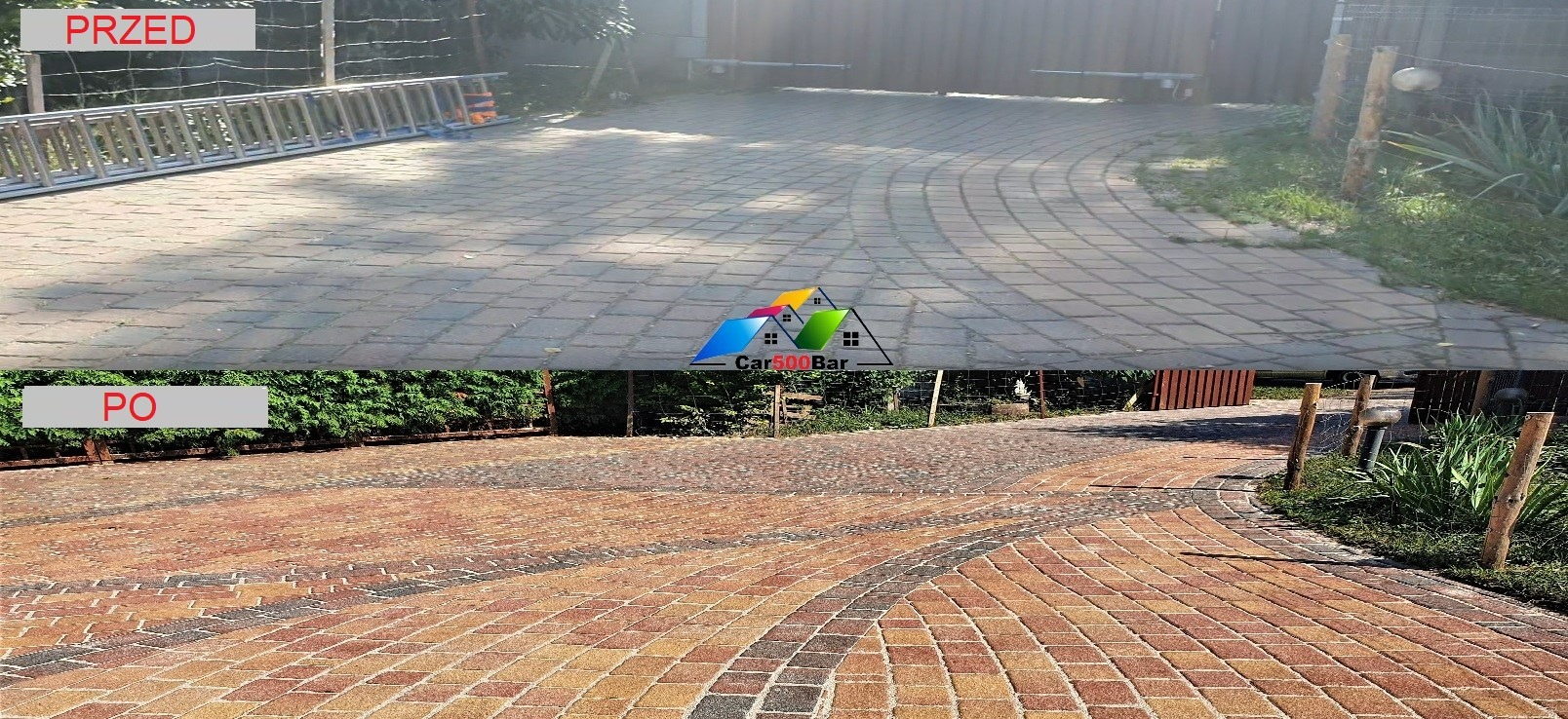 Porównanie kostki brukowej przed i po czyszczeniu: szara, zabrudzona kostka na górze, odświeżona, kolorowa kostka na dole, drabina oparta o ogrodzenie w tle.