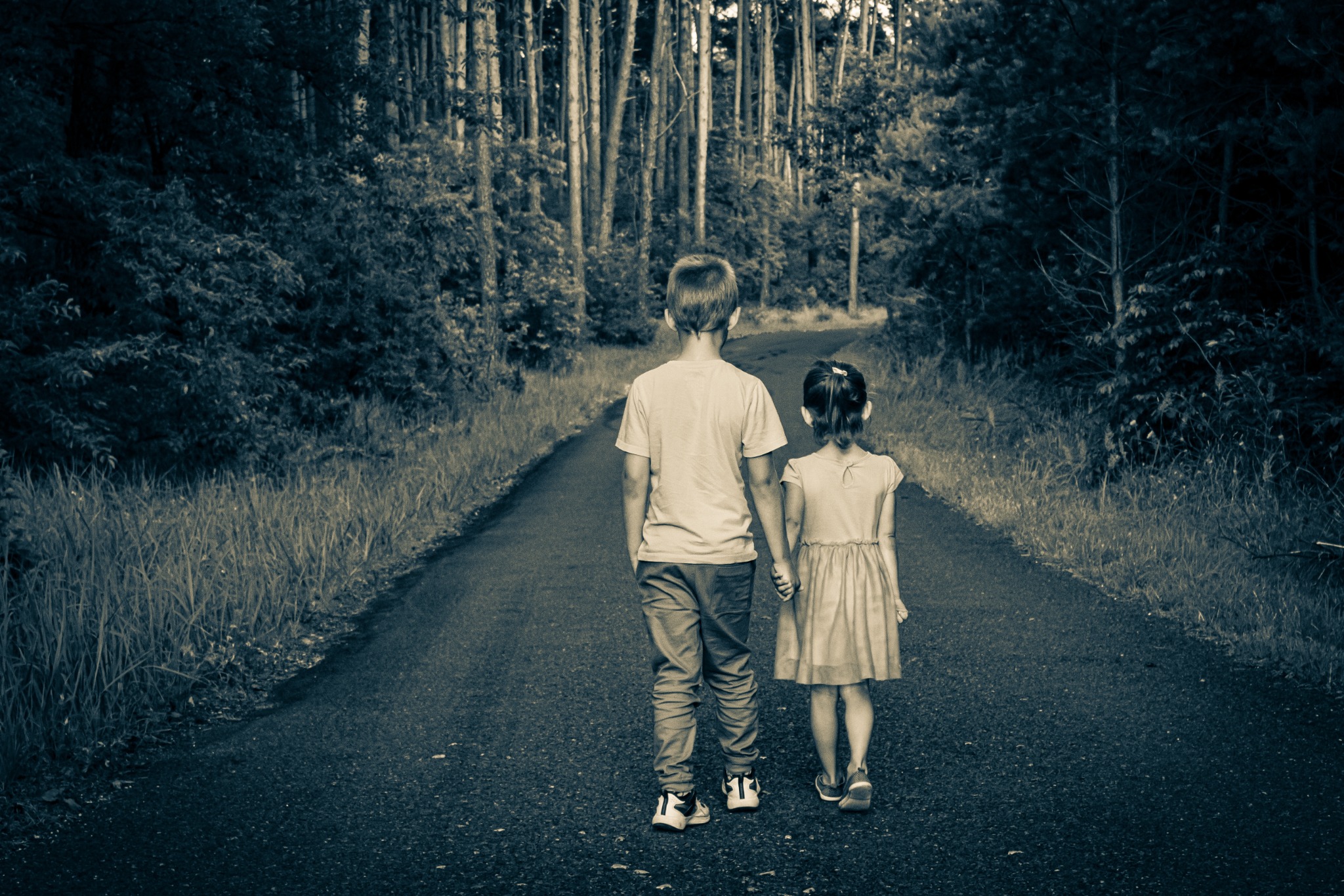 Dwoje dzieci, chłopiec i dziewczynka, idą trzymając się za ręce leśną ścieżką, widziane od tyłu, w monochromatycznej tonacji.