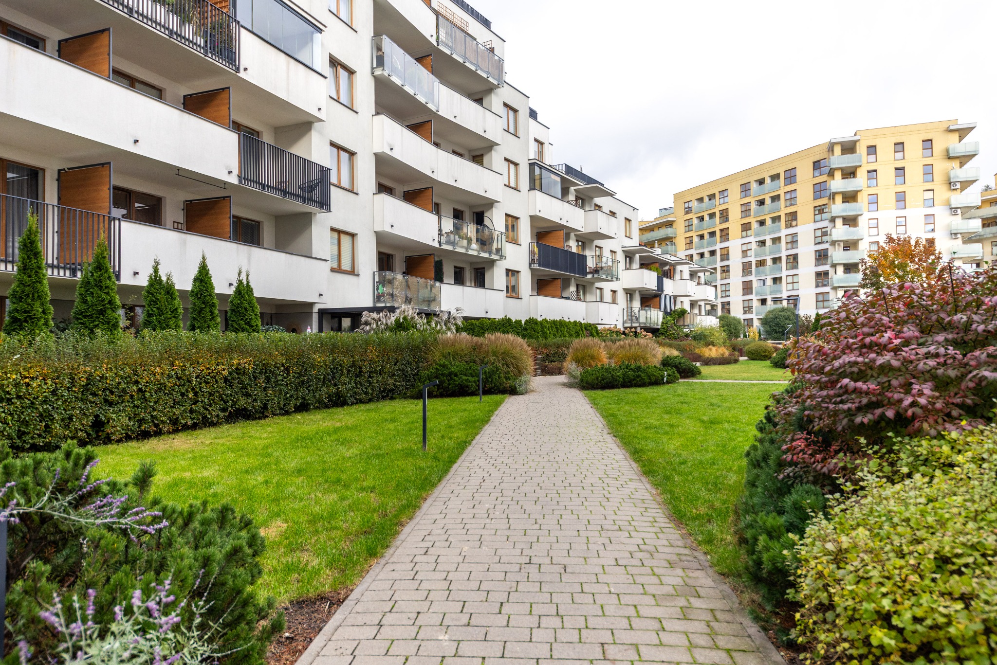 Nowoczesne osiedle z białymi budynkami i balkonami, widok z poziomu chodnika przez zadbany ogród z krzewami i drzewami. Architektura krajobrazu.