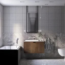 Stonowana łazienka z nowoczesnymi płytkami.