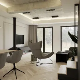 Jasne wnętrze z drewnianą podłogą w jodełkę, szarymi krzesłami przy stole, wiszącym kominkiem, betonowym sufitem z oświetleniem punktowym i fotelem z wysokim oparciem.