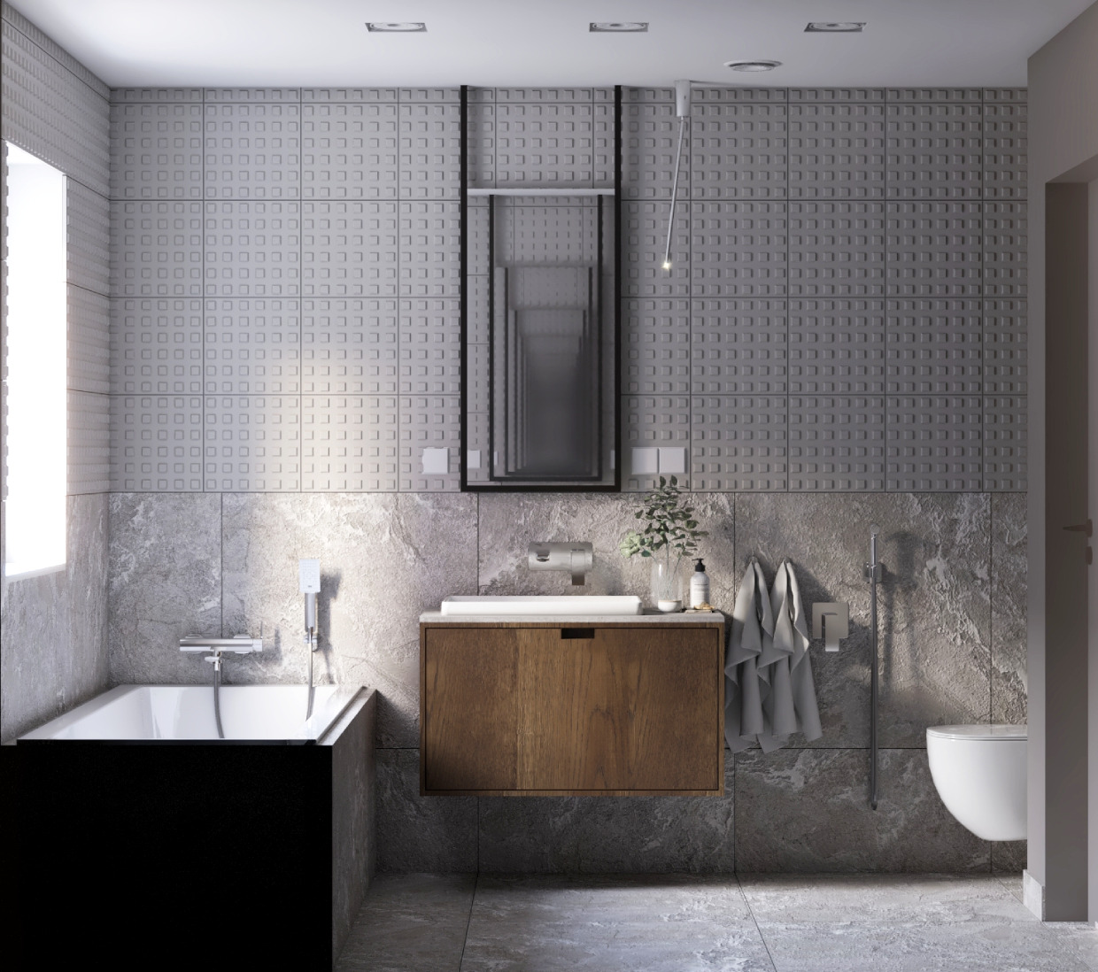 Stonowana łazienka z nowoczesnymi płytkami.