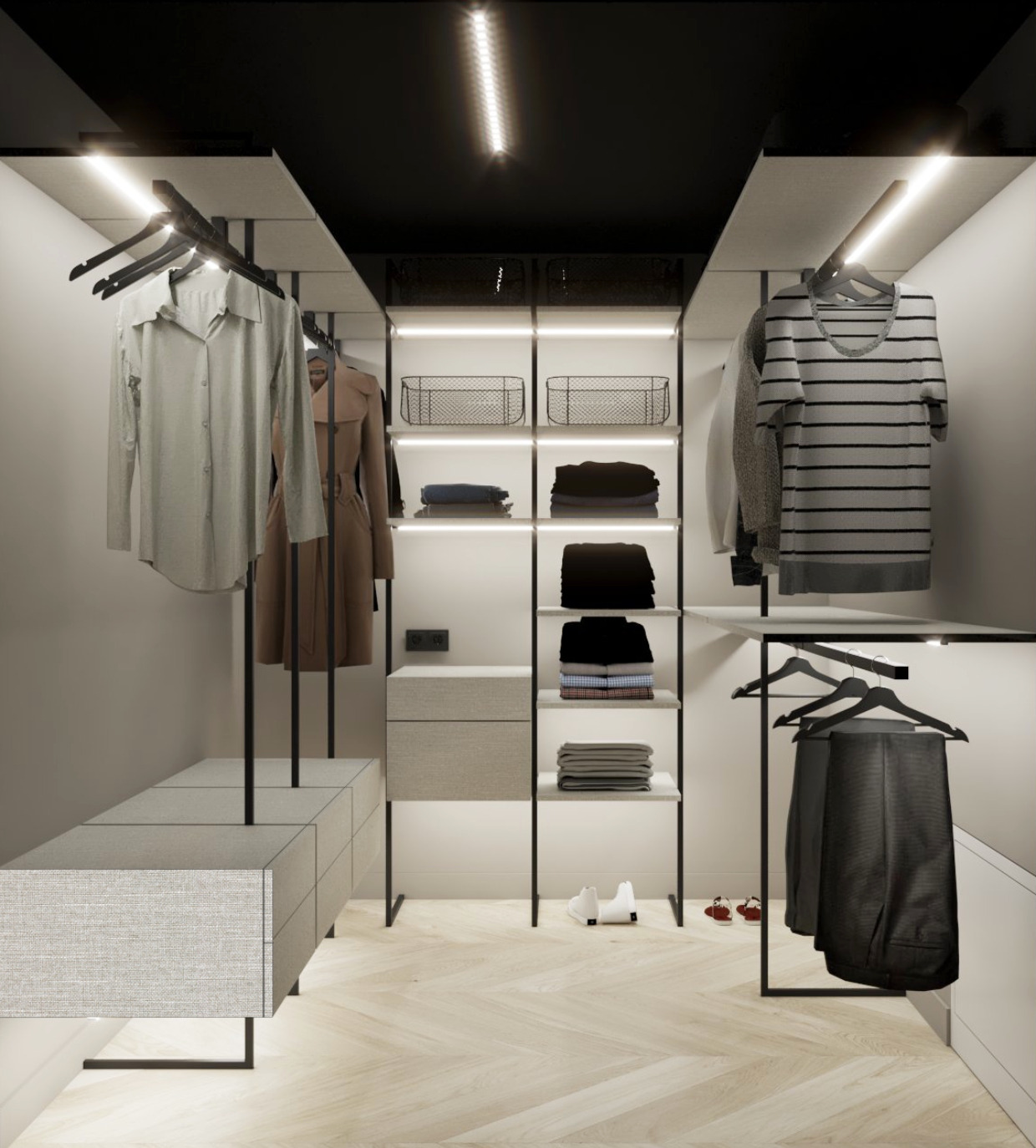 Nowoczesna garderoba z czarnym sufitem