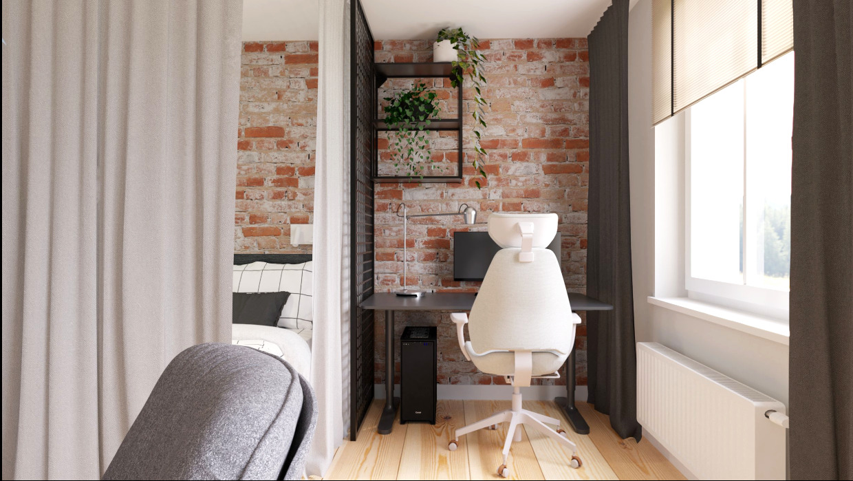 Domowe biuro w wielostrefowym salonie kawalerki w Zabrzu