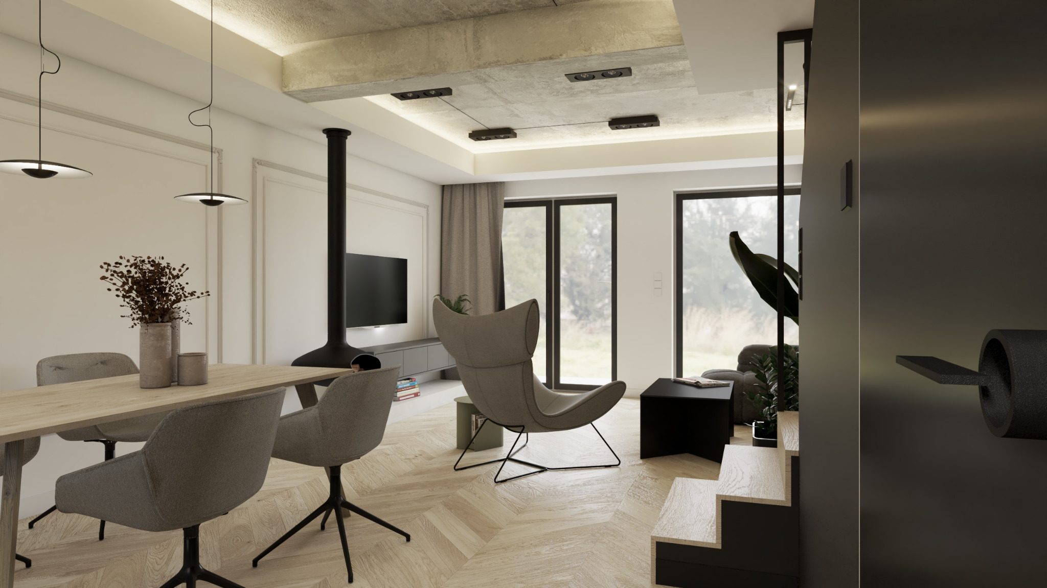 Jasne wnętrze z drewnianą podłogą w jodełkę, szarymi krzesłami przy stole, wiszącym kominkiem, betonowym sufitem z oświetleniem punktowym i fotelem z wysokim oparciem.