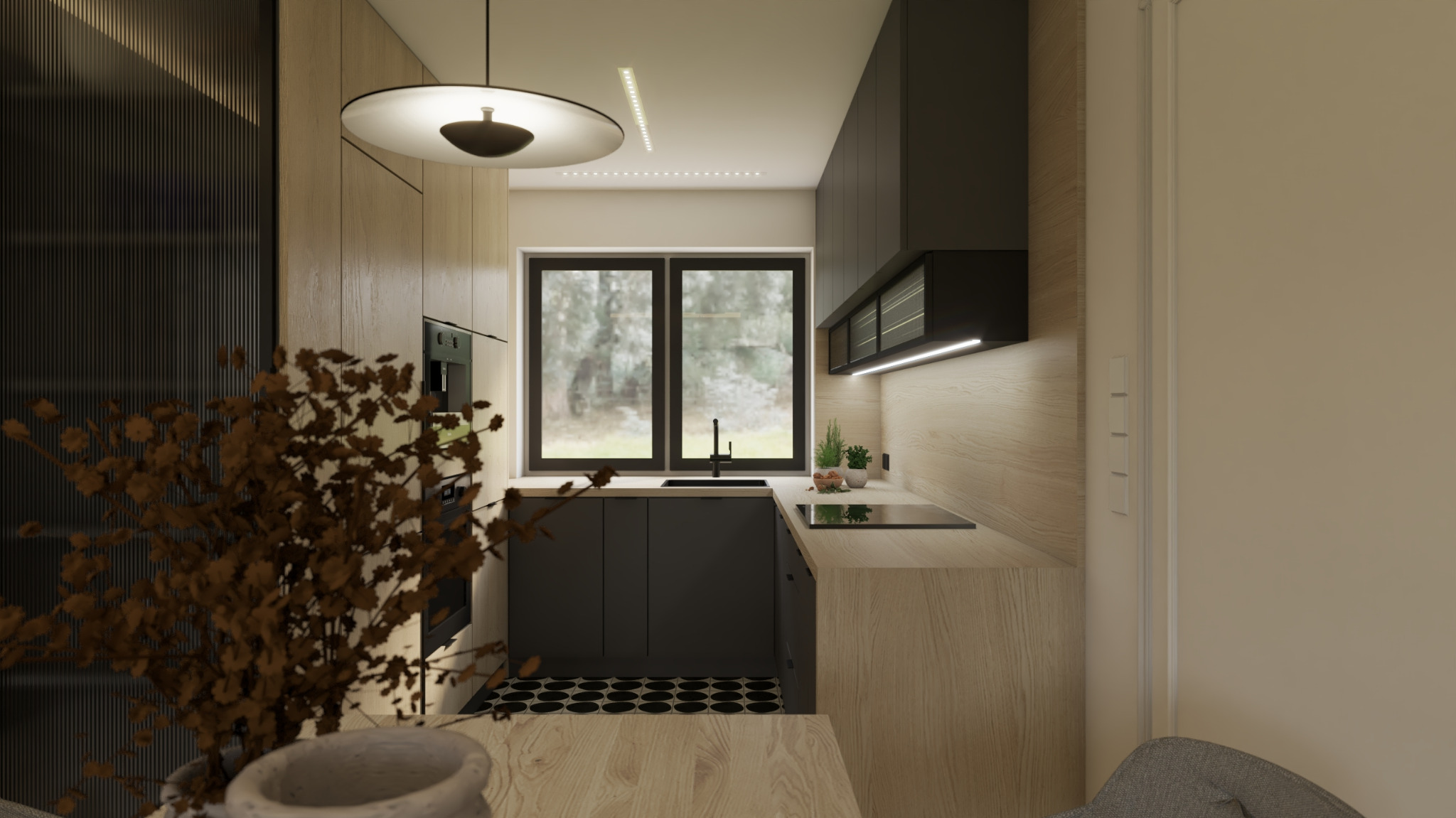 Wizualizacja nowoczesnej kuchni z czarnymi frontami szafek, drewnianymi blatami i podłogą z geometrycznym wzorem, oświetlonej lampą sufitową i listwami LED.