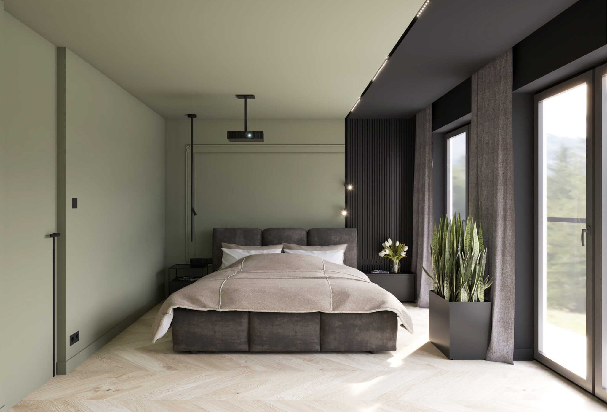 Nowoczesna sypialnia z łóżkiem z szarym obiciem, parkietem w jodełkę, zielonymi ścianami, projektorem na suficie i doniczką z sansewierią przy oknie.