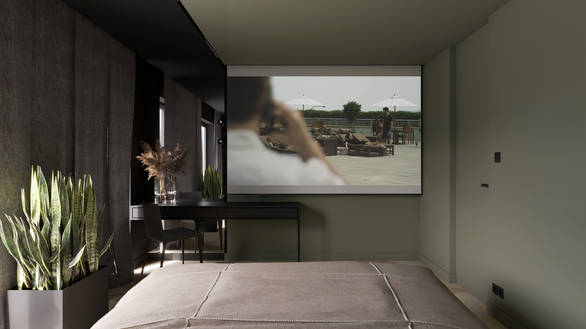 Nowoczesna sypialnia z projektorem wyświetlającym scenę z basenem, minimalistyczne biurko z roślinami w tle, stonowana kolorystyka ścian i podłogi.